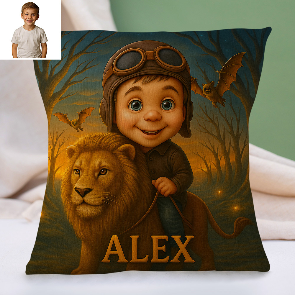 Custom Cartoon Portrait Pillow with Child Photo and Name Personalised Cushion for Nursery or Kids Bedroom Decor