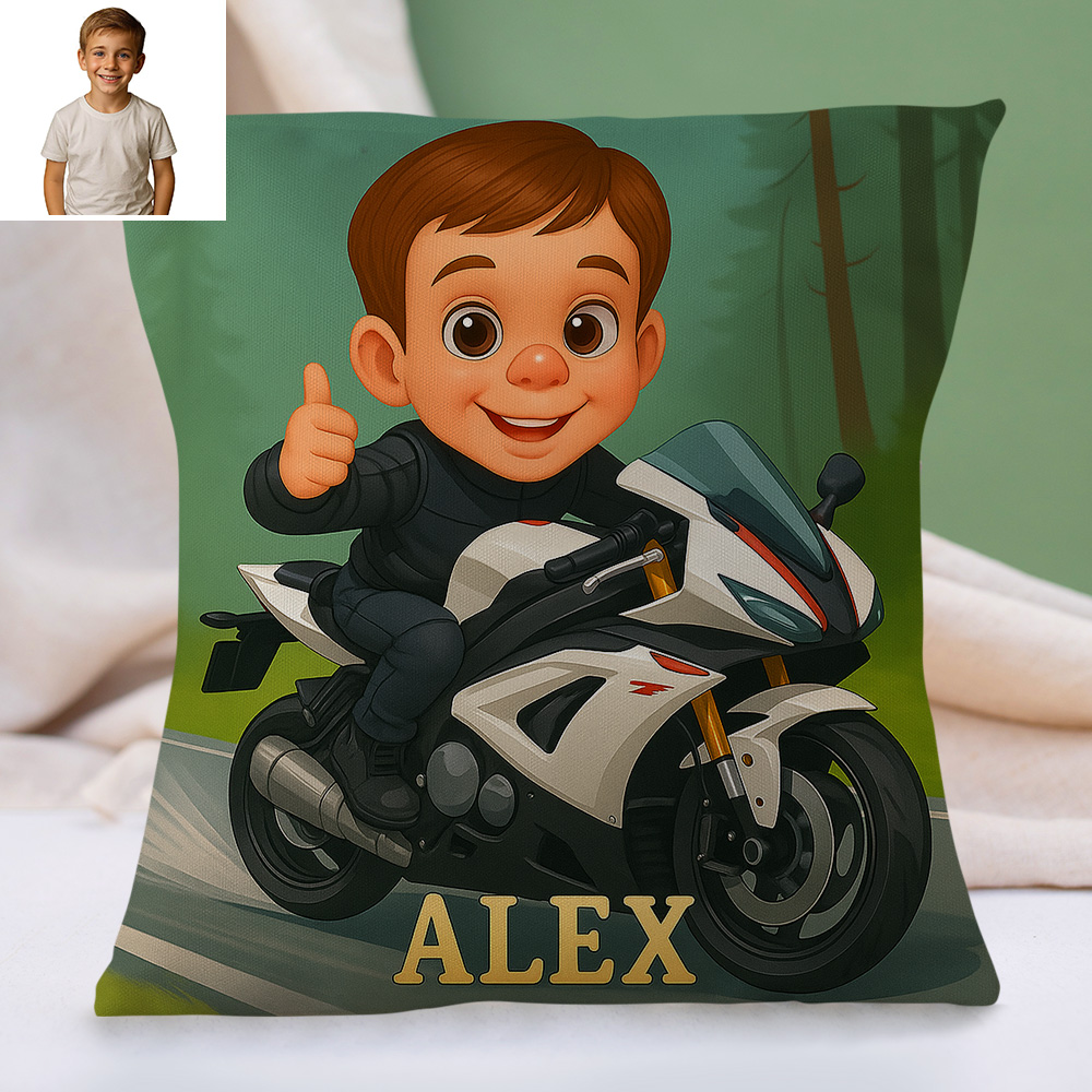 Custom Sports Theme Cartoon Pillow with Child Name and Photo Personalised Cushion for Kids Bed or Play Area