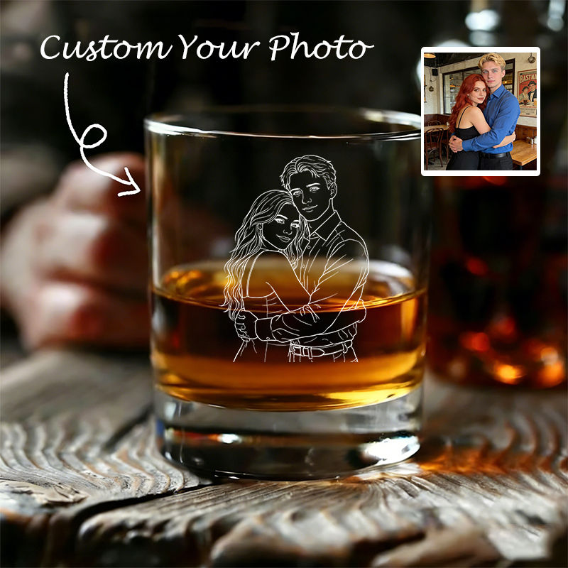 Custom Portrait Photo Engraved Whiskey Glass with Laser Etched Line Art Personalised Photo Bourbon Glasses Gifts for Him