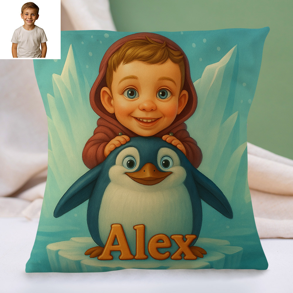Custom Cartoon Portrait Pillow with Child Photo and Name Personalised Cushion for Nursery or Kids Bedroom Decor