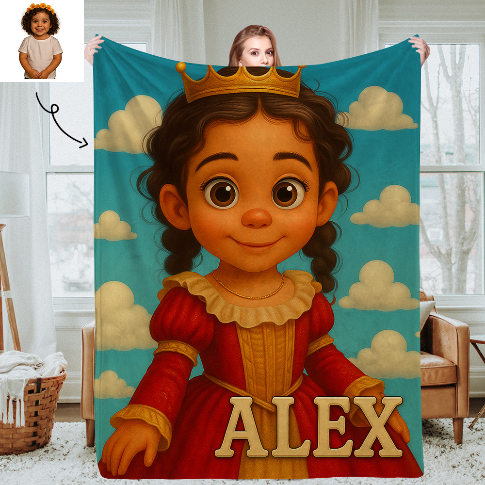 Personalised Kids Cartoon Portrait Blanket with Custom Photo and Name Soft Cozy Throw for Bedroom Gifts for Girls