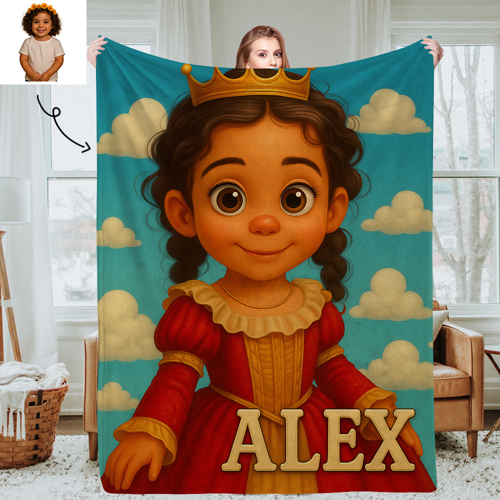 Personalised Kids Cartoon Portrait Blanket with Custom Photo and Name Soft Cozy Throw for Bedroom Gifts for Girls