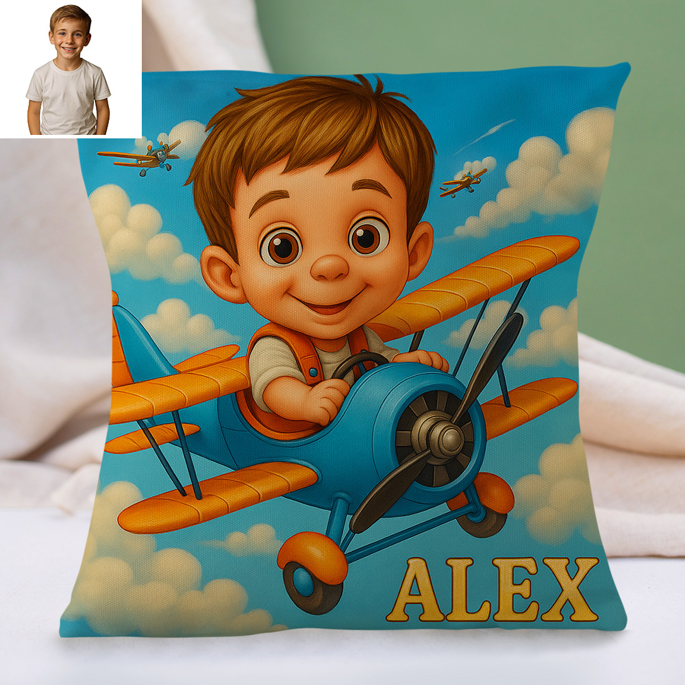 Custom Cartoon Portrait Pillow with Child Photo and Name Personalised Cushion Gift for Kids Room Decor