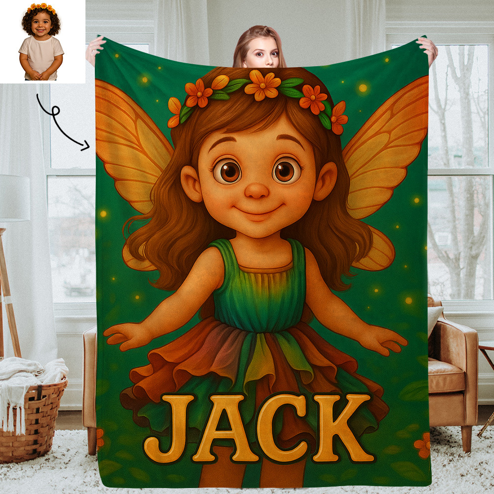 Personalised Kids Cartoon Portrait Blanket with Custom Photo and Name Soft Cozy Throw for Bedroom Gifts for Girls