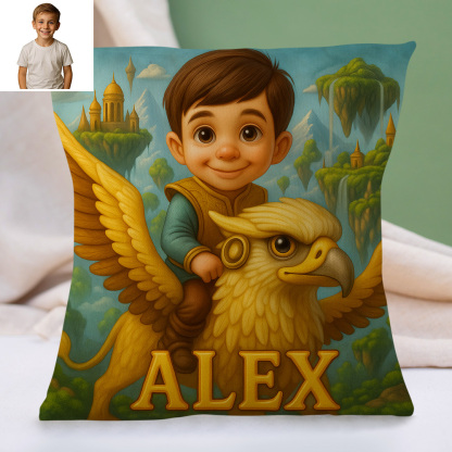 Personalised Sci Fi Cartoon Pillow with Child Name and Photo Galaxy Theme Cushion for Kids Playroom or Bed