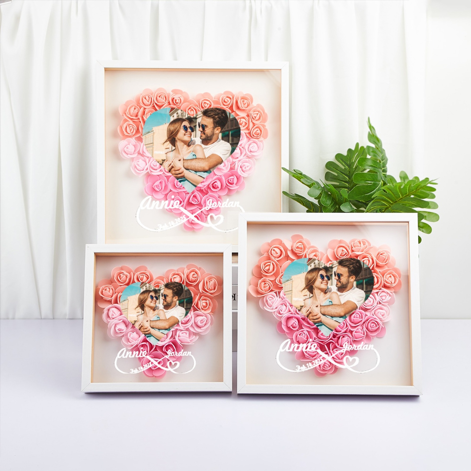 Custom Flower Shadowbox with Photo and Names Heart-Shaped Rose Frame Shadow Box Forever Love Gift