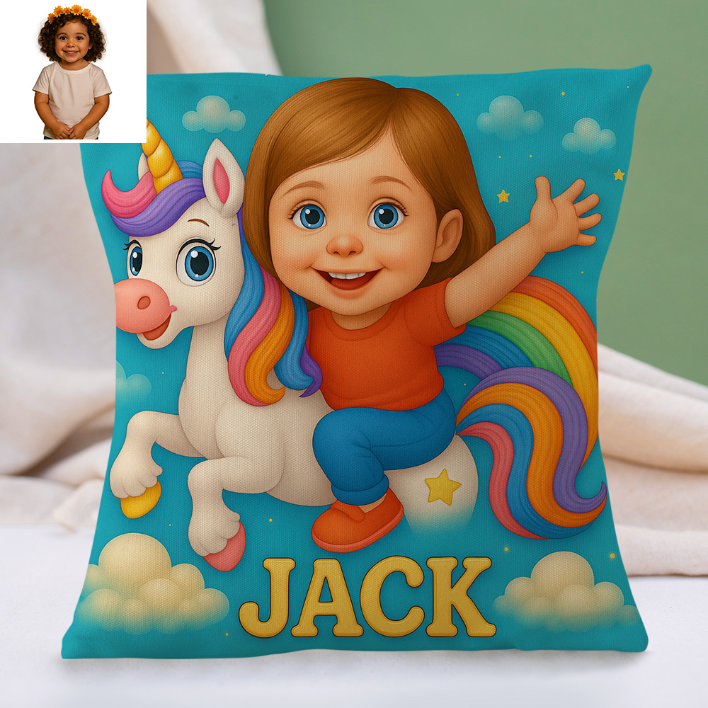 Custom Photo Cartoon Pillow with Name and Portrait Photo Personalised Cushion for Nursery or Kids Room Girls Gifts