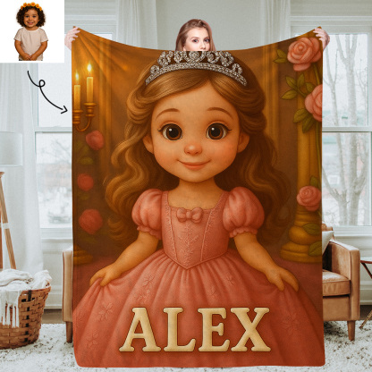 Personalised Kids Cartoon Portrait Blanket with Custom Photo and Name Soft Cozy Throw for Bedroom Gifts for Girls