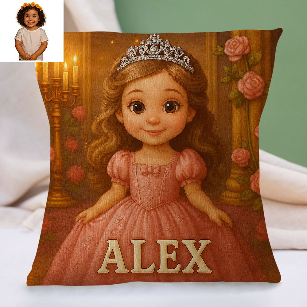 Custom Photo Cartoon Pillow with Name and Portrait Photo Personalised Cushion for Nursery or Kids Room Girls Gifts