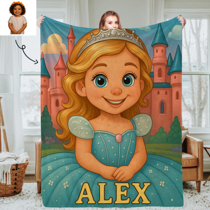 Personalised Kids Cartoon Portrait Blanket with Custom Photo and Name Soft Cozy Throw for Bedroom Gifts for Girls
