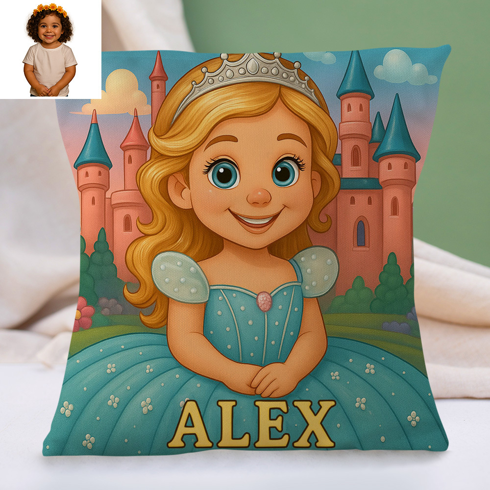 Custom Photo Cartoon Pillow with Name and Portrait Photo Personalised Cushion for Nursery or Kids Room Girls Gifts
