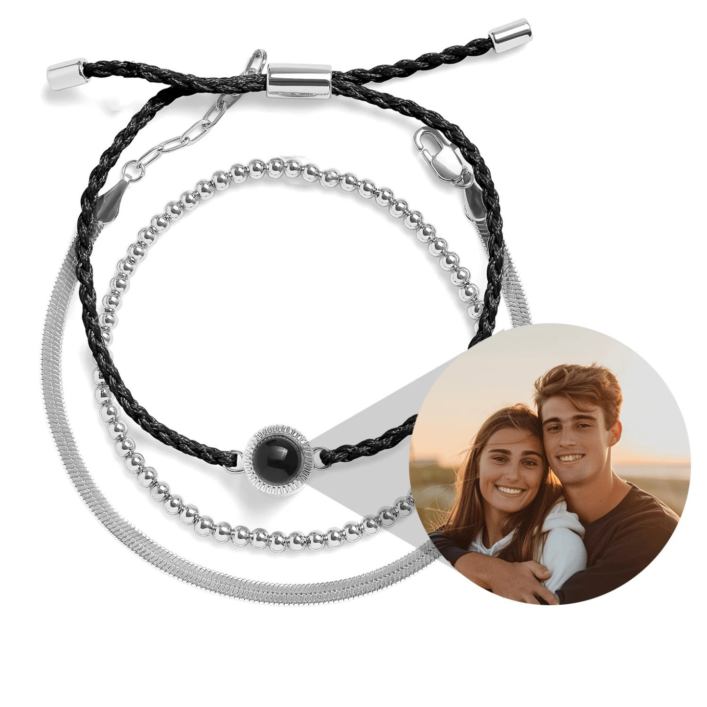 Customized Photo Projection Bracelet Multi-layer Stacking Beaded Braided Bracelet Commemorative Gift for Couples