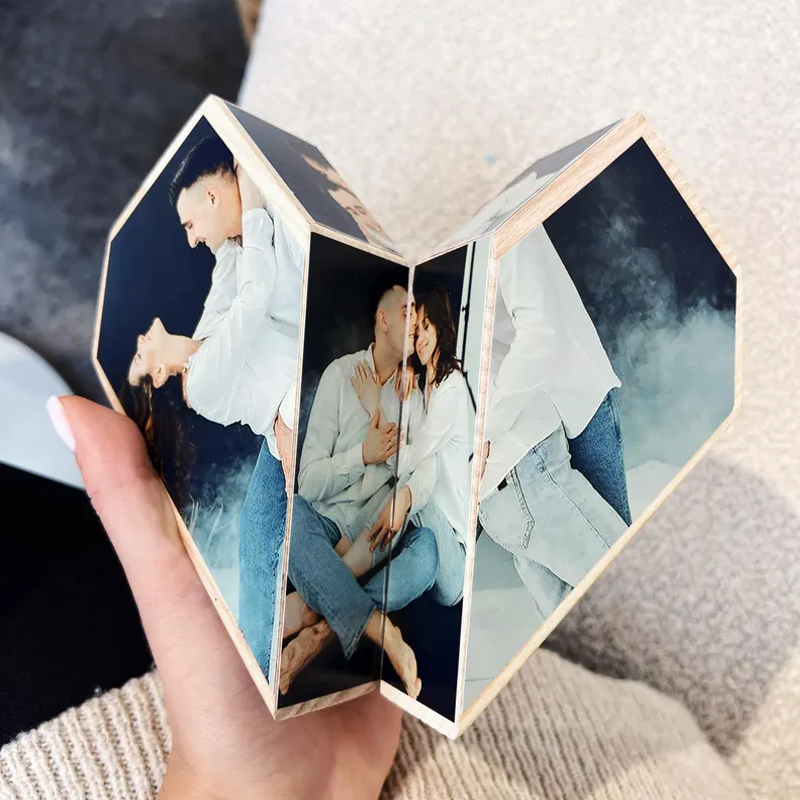 Custom Photo Rubic Cube Heart-Shaped Multi Photo Wooden Cube Personalised Folding 10 Photos Frame Keepsake Gift for Anniversary or Loved One