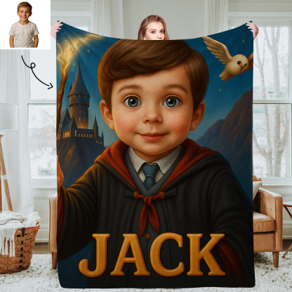 Sci Fi Theme Custom Cartoon Kids Blanket with Personalised Name and Photo Soft Throw for Bedroom or Reading Nook