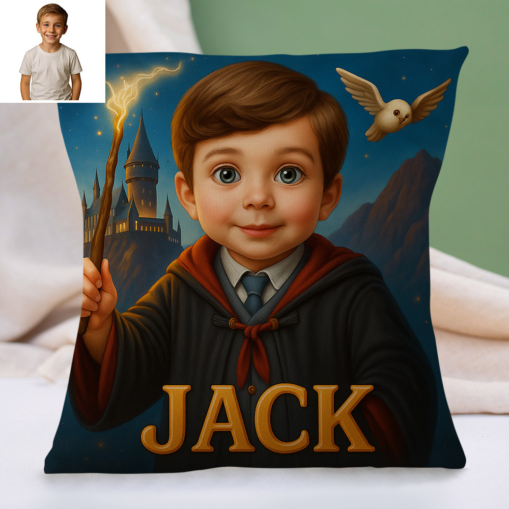 Personalised Sci Fi Cartoon Pillow with Child Name and Photo Galaxy Theme Cushion for Kids Playroom or Bed