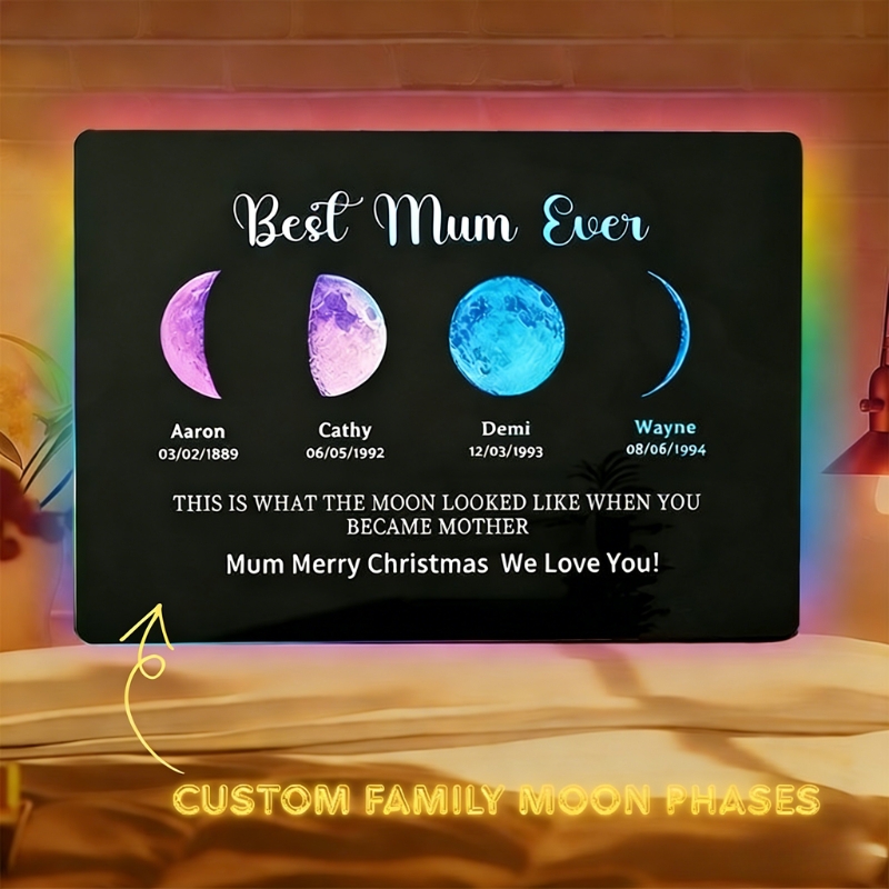 Custom Mum & Kids Galaxy Moon Phase Mirror Lamp Personalised Neon Light for Bedroom Mother's Gift for Mum