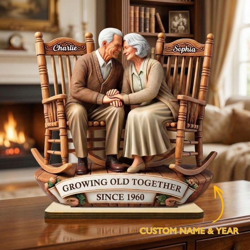 Personalised 3D Effect Old Couple Sitting on Rocking Chairs Together Standing Wooden Anniversary Plaque Gift for Wife