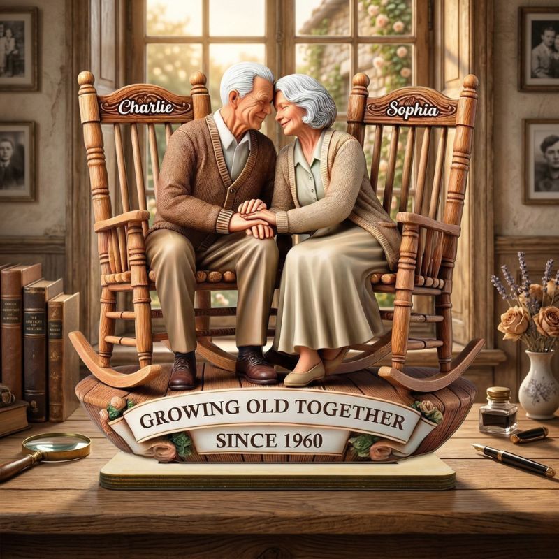 Personalised 3D Effect Old Couple Sitting on Rocking Chairs Together Standing Wooden Anniversary Plaque Gift for Wife