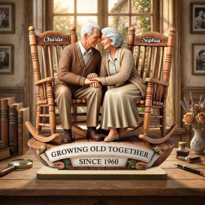 Personalised 3D Effect Old Couple Sitting on Rocking Chairs Together Standing Wooden Anniversary Plaque Gift for Wife