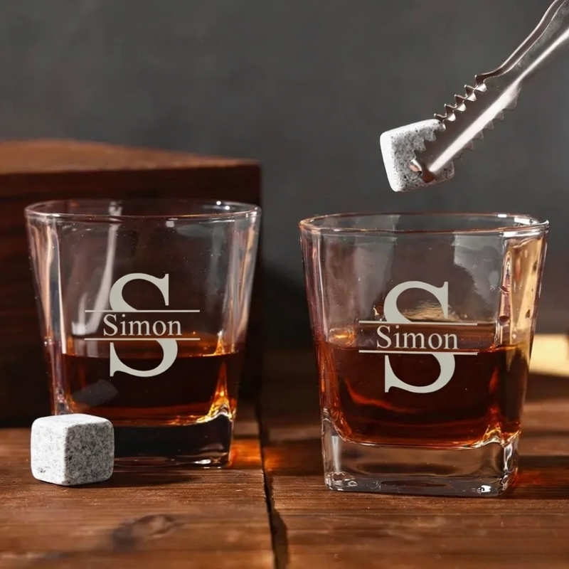 Custom Engraved Whiskey Glass Gift Set with Granite Cooling Stones & Premium Wooden Box Father's Day Present