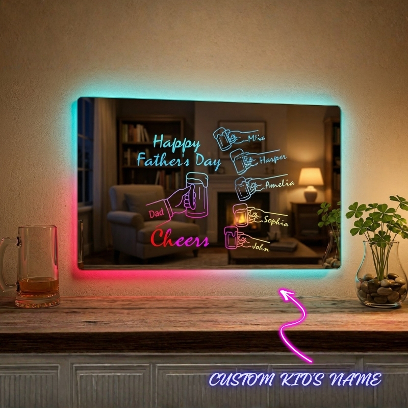 Personalised Cheers Dad Mirror Light Custom Child Names Happy Father's Day Whiskey Beer Theme Lamp for Daddy