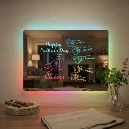 Personalised Cheers Dad Mirror Light Custom Dad & Child Names Happy Father's Day Whiskey Beer Theme Lamp