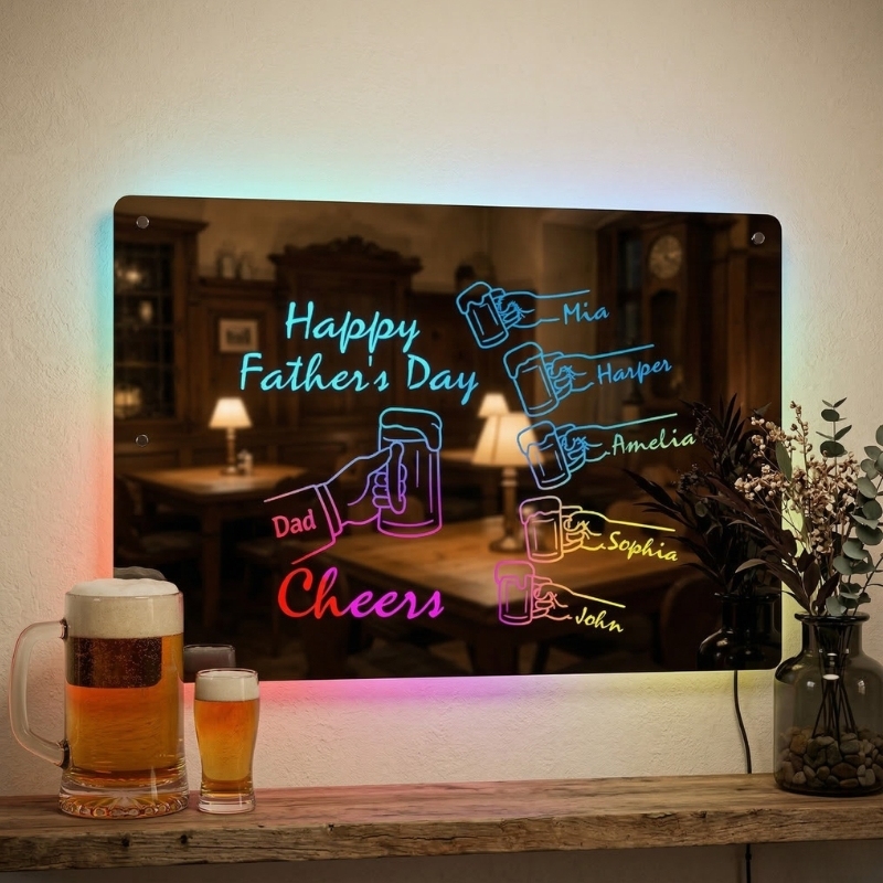 Personalised Cheers Dad Mirror Light Custom Dad & Child Names Happy Father's Day Whiskey Beer Theme Lamp