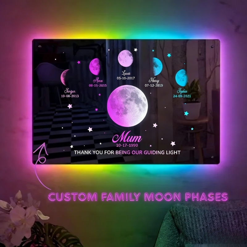 Personalised Mum's Exclusive Galaxy Mirror Lamp Customized Moon Phases Bedroom Sign Neon Illuminated Light Gift for Kids and Mums
