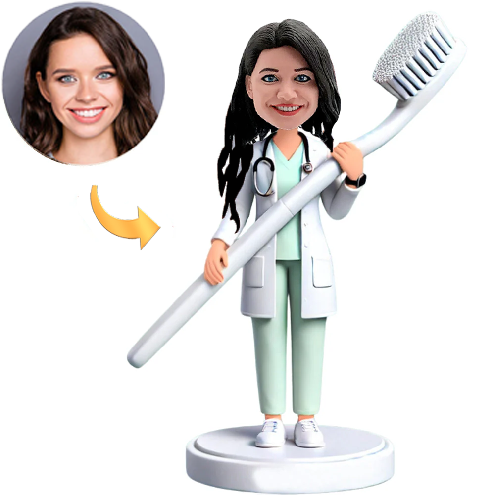 Female Dentist Nurse Doctor Holding a Toothbrush with Text Base Engraved