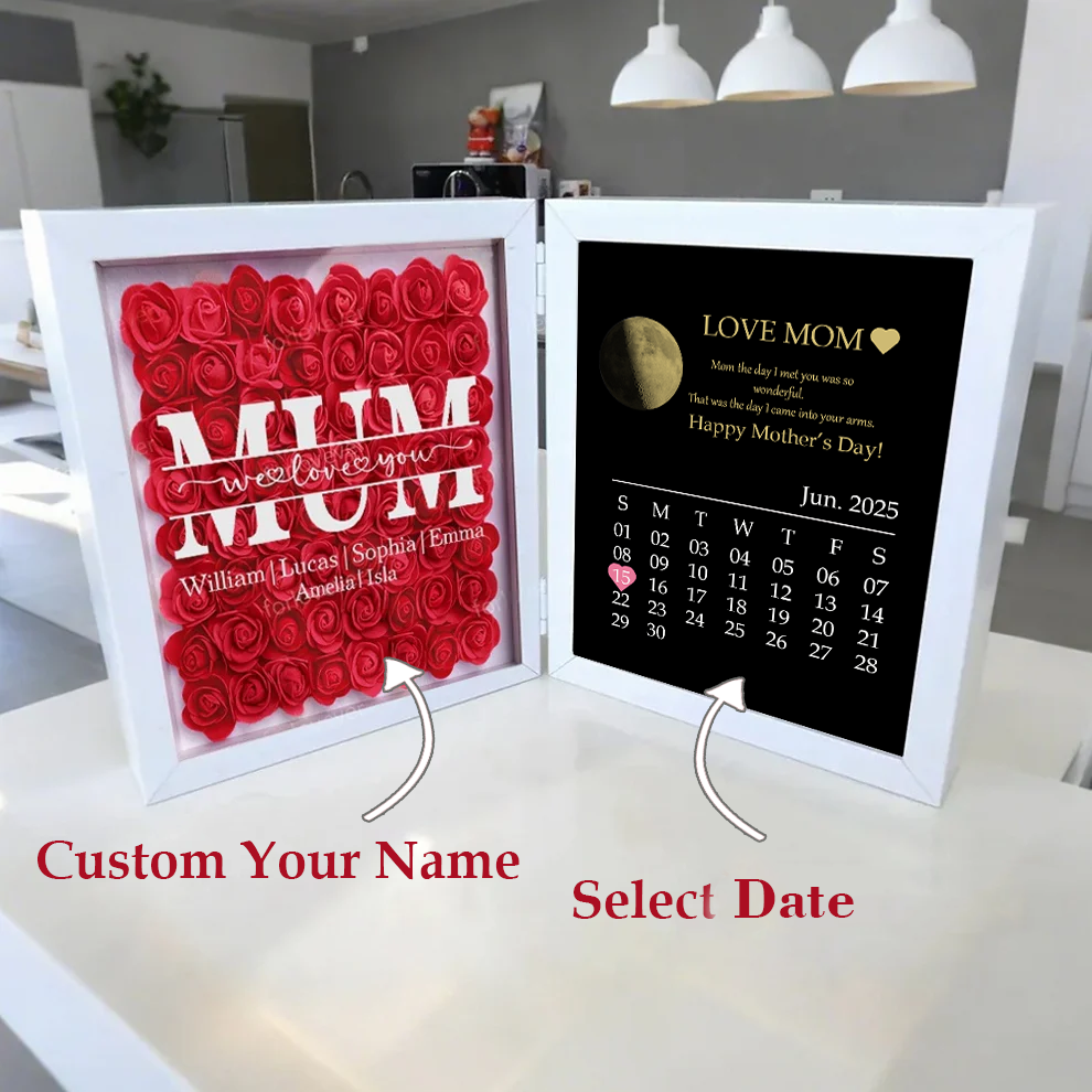 Custom Real Moon Phase Flower Shadow Box Personalised Names Mom We Love You Flower Frame Calendar Unique Gift for Mother