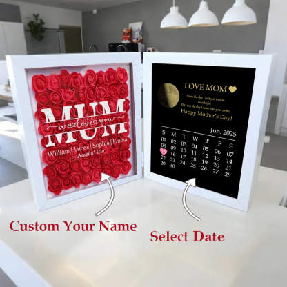 Custom Real Moon Phase Flower Shadow Box Personalised Names Mom We Love You Flower Frame Calendar Unique Gift for Mother