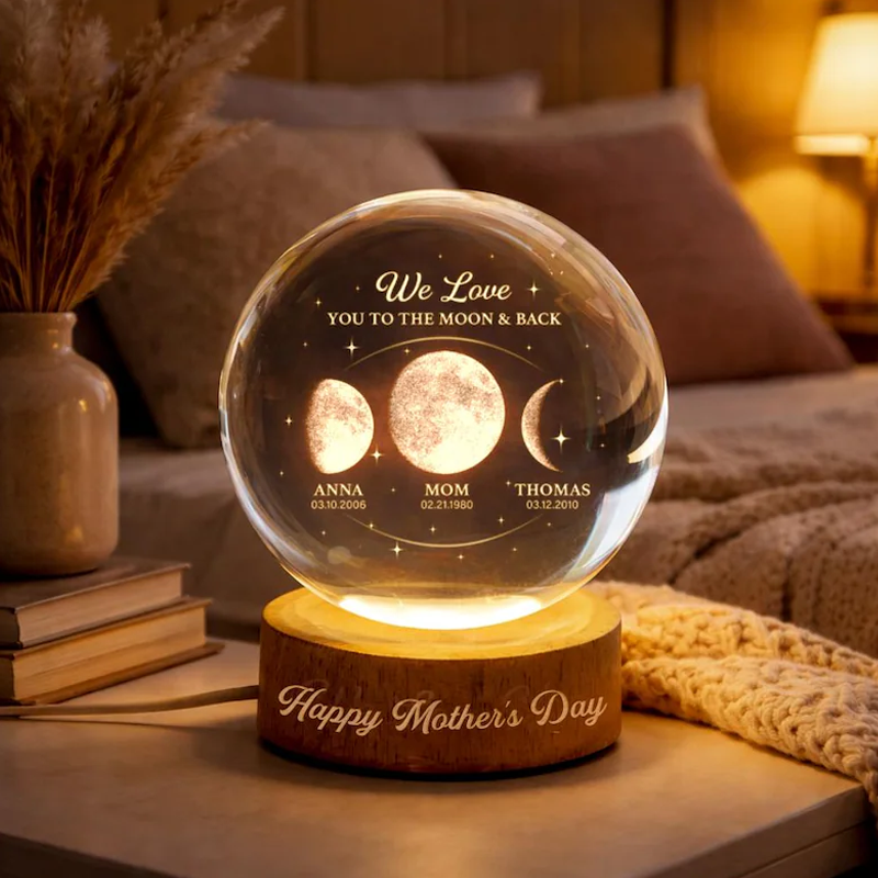 The Day You Became Our Mom Custom Moon Phase Crystal Ball Night Light Personalised Kids Name and Date Lamp Mother's Day Gift