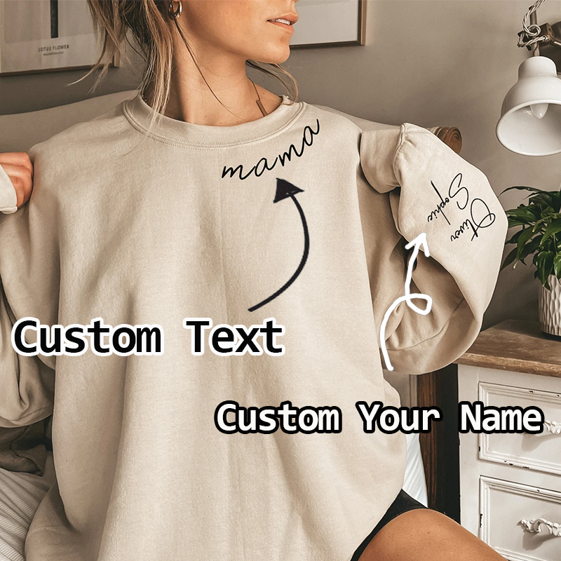 Custom Mama Sweatshirt with Kid Name Printed on Sleeve Personalised Mum Sweatshirt Gift for Mum