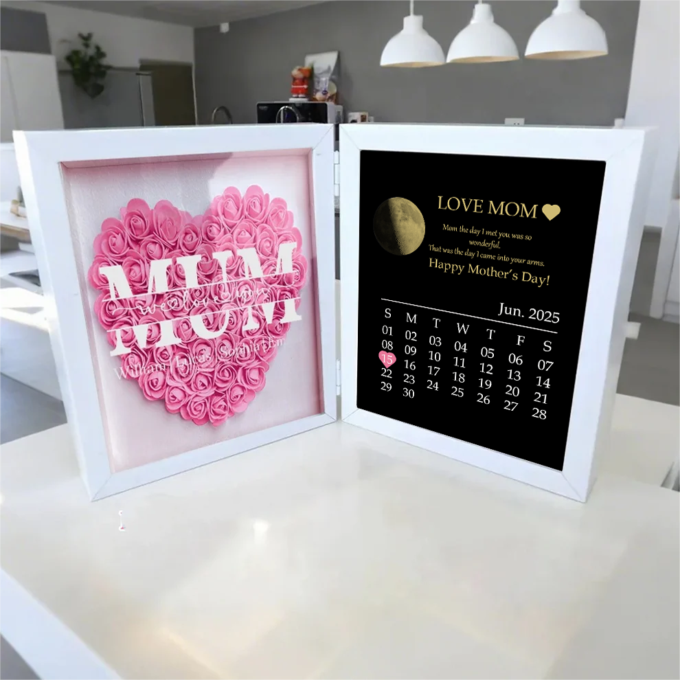 Custom Real Moon Phase Heart Flower Shadow Box Personalised Names Mom We Love You Flower Frame Calendar Unique Gift for Mother