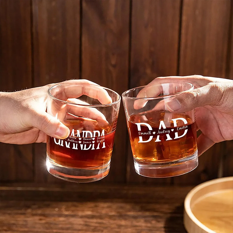 Custom Dad Whiskey Glass with Kid Names Fathers Day Gifts Personalised Engraved Glass Gifts for Grandpa