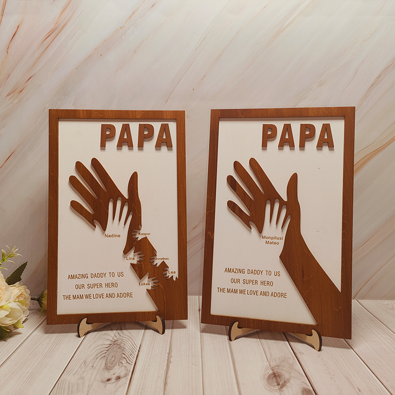 Custom Dad and Kids Palm Wooden Frame Personalised Name Sign Fathers Day Gift from Daughter Kids Son