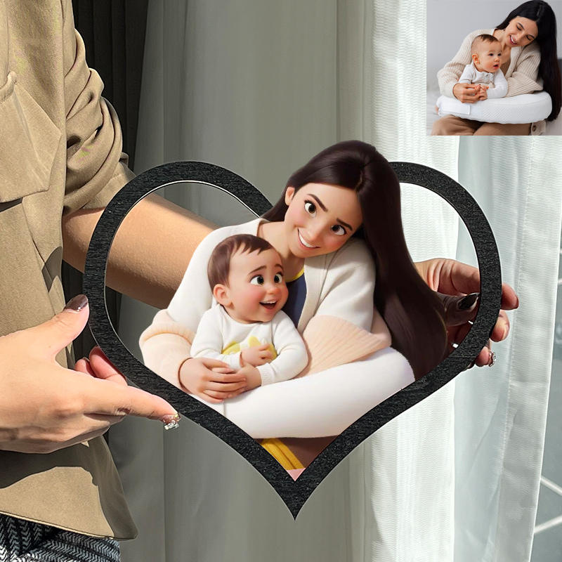 Personalised Heart Cartoon Portrait Style 3D Photo and Text Frame Night Light Mothers Day Gifts