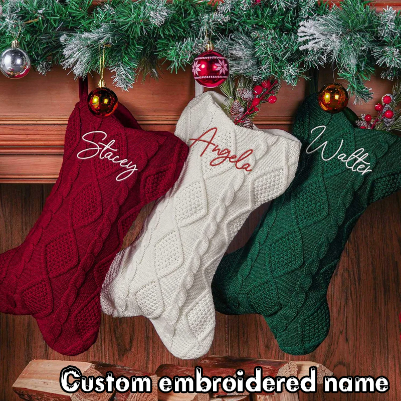 Personalised Embroidered Name Knit Christmas Stockings Knitted Bone Or