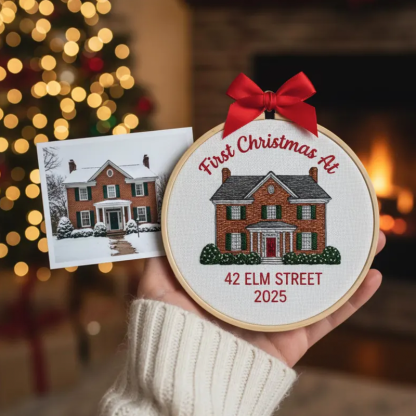 Custom House Embroidered Ornament First Christmas at New Home Gift Personalised Home Portrait and Address Embroidery Hoop Wedding or Housewarming Gift