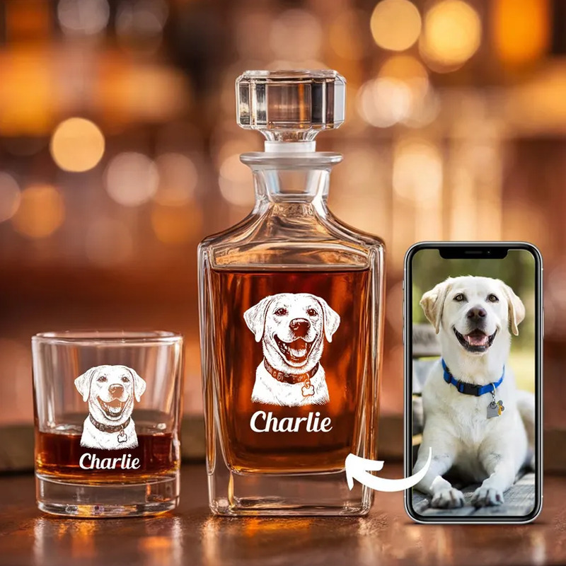 Custom Photo-Engraved Whisky Decanter Ice Wine Stone Set Personalised Laser Engraved Bourbon Bottle & Glasses Father's Gift for Dad