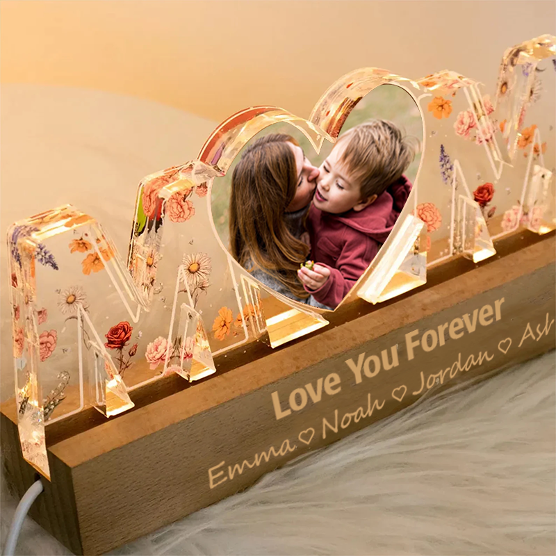 Personalised mum Heart Photo Night Light Custom Text and Name LED Night Light Mother's Day Gift