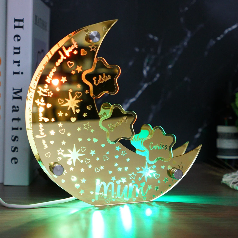 Personalised Acrylic Moon Sign Lamp for Mom Custom Moon Mirror Light Stars with Family Names Mother's Day Gift