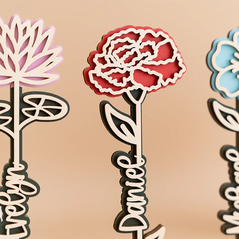 Personalised Wooden Rose Flower Name Stand Laser Cut Plywood Names & Birth Month Flowers Gifts for Mom