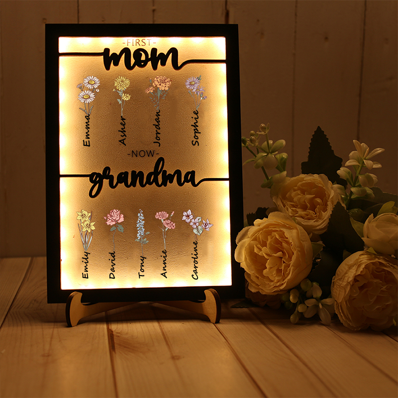 Grandma Garden Wooden Sign Night Light Personalised Name Birth Month Flower Frame Gift For Mom and Grandma