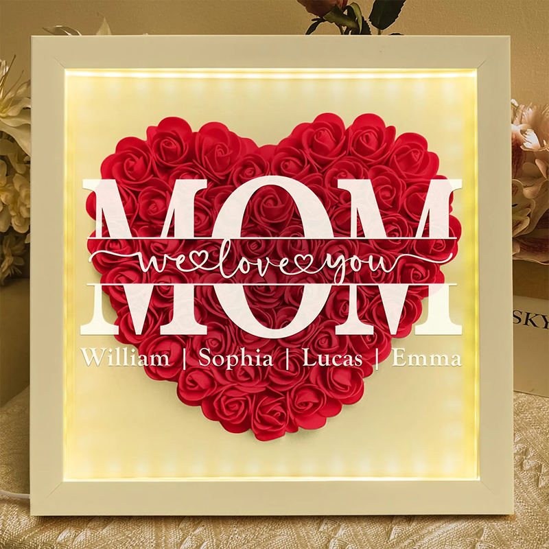 Personalised Mom Flower Shadow Box with Kids Name Custom Heart Rose Frame with LED Light Mother's Day Gift