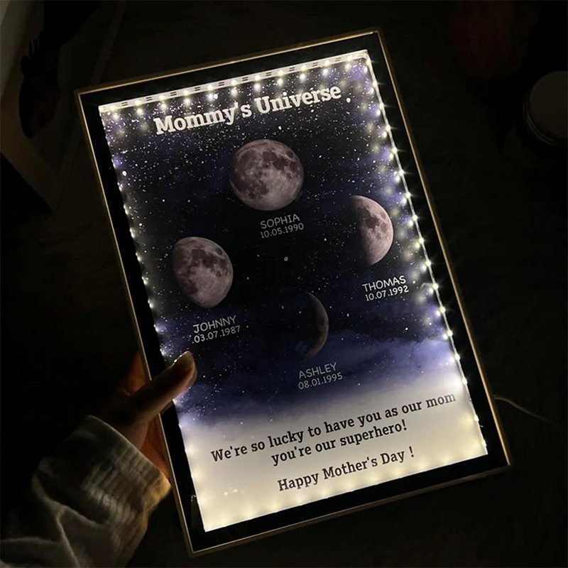Custom Birth Moon Phase Mirror Light Mommy's Universe Personalised Moons Phase with Kids Names LED Night Light Box Mother’s Day Gifts