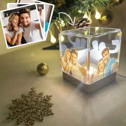 Custom Collage Photo Cube Night Light Box Lamp with Your Picture and Text Wooden Base Christmas Gifts