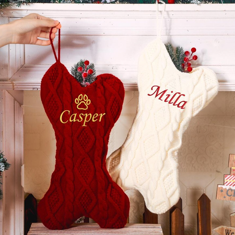 Personalised Embroidered Name Knit Christmas Stockings Knitted Bone Ornament Christmas Holiday Gifts