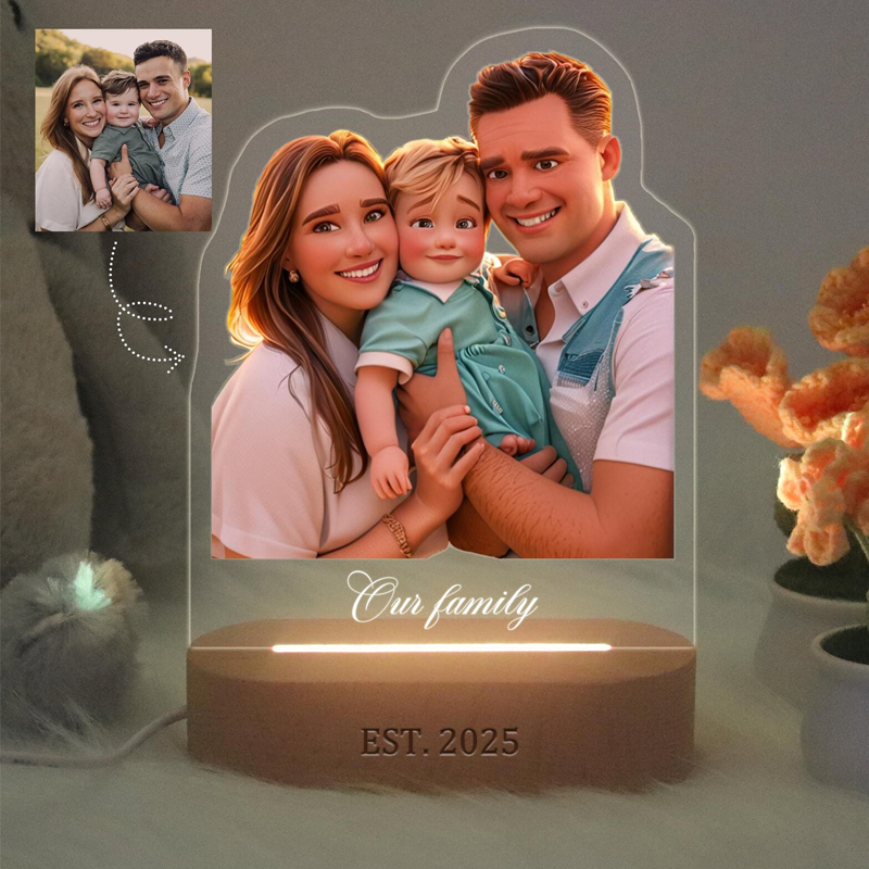 Personalised Photo Cartoon Style 3D Photo Frame LED Night Light with Text Pixar Inspired Portraits Family Gifts