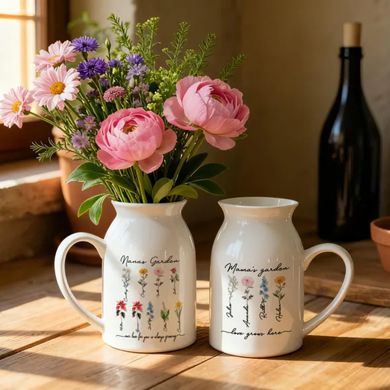 Personalised Grandma's Garden Ceramic Vase Custom Birth Flower Vase with Family Names Mother's Day Gift for Nana